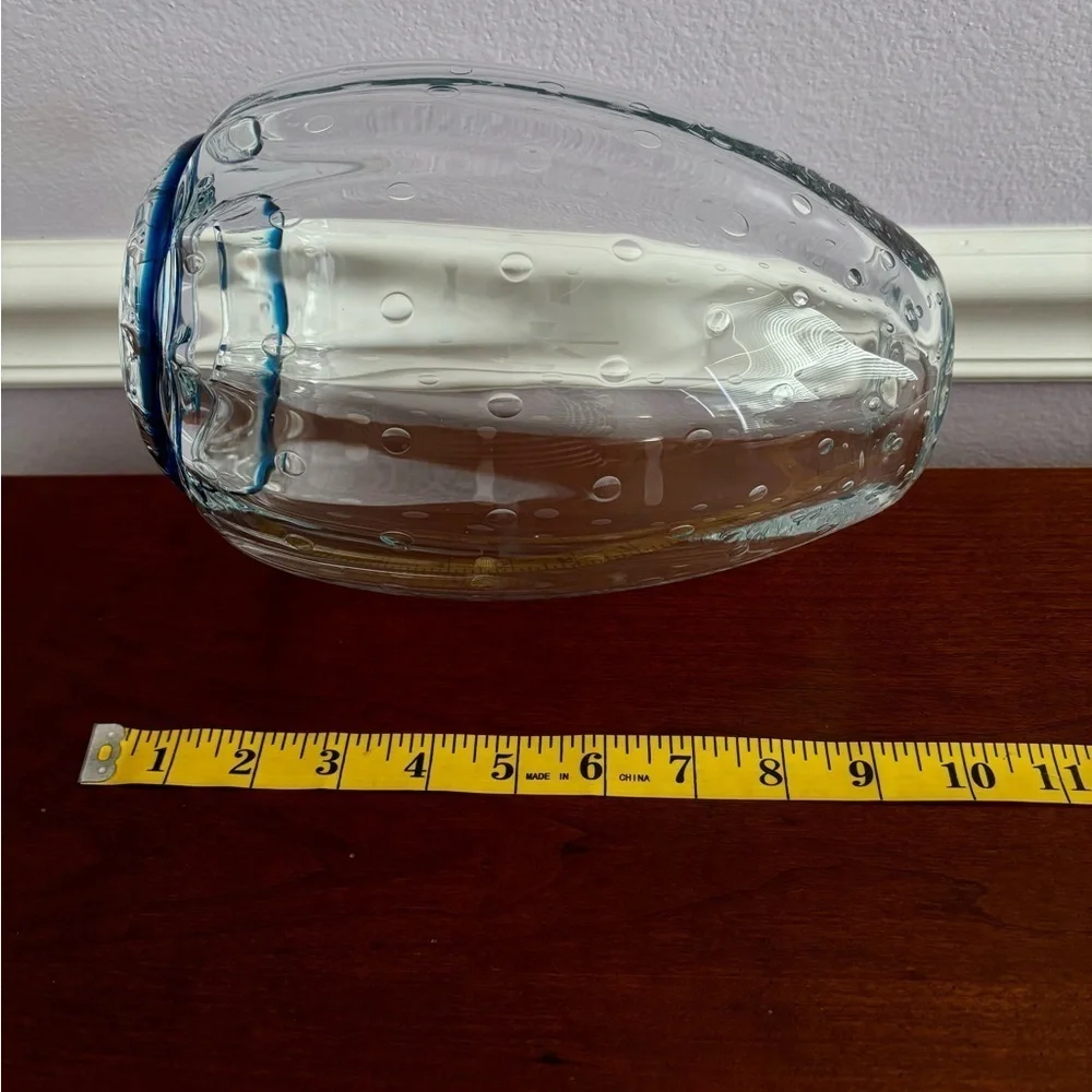 Vintage Signed Hand Blown Bubble Glass Vase with Blue Rim – Artistic Mid-Century